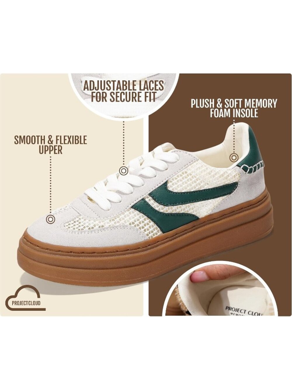 Women's White-green Stripe Lace-up Shoes Memory Insole Casual Platform Sneakers - Picture 3 of 6